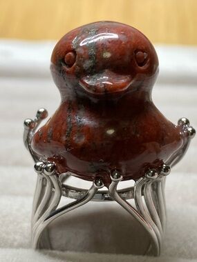Carved Red Stone Duck Ring on Silver Tone Band